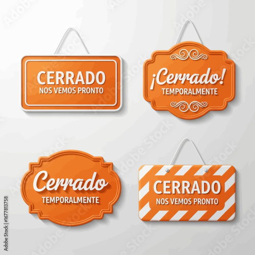 Four orange closed signs with different shapes and text, indicating temporary closure for businesses.
