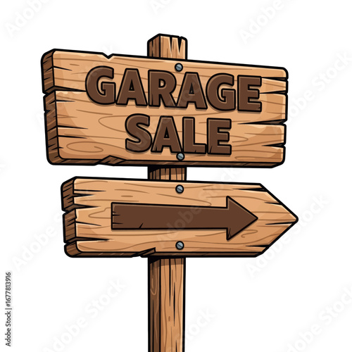 Wooden garage sale sign with an arrow pointing right, indicating the direction.