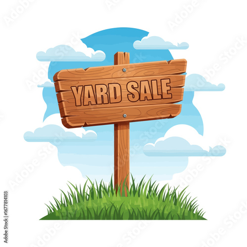 A rustic wooden yard sale sign stands in green grass under a blue sky with fluffy white clouds, indicating a neighborhood event.