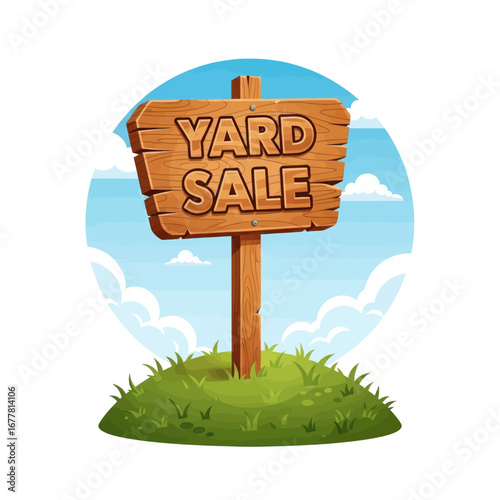 A wooden yard sale sign planted in green grass with a blue sky and fluffy clouds in the background.