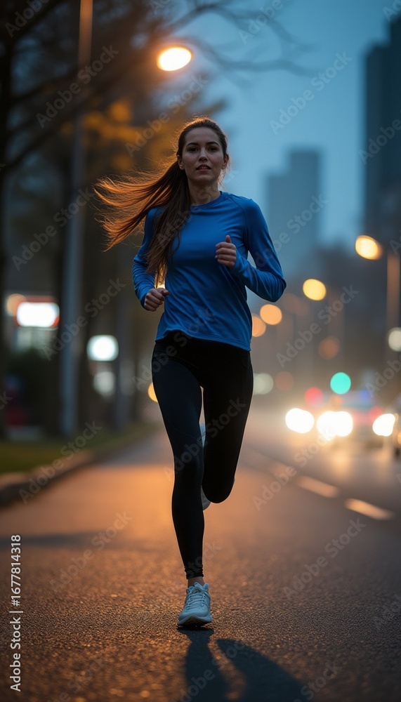 Fototapeta premium Determined woman jogging on a city street at dusk