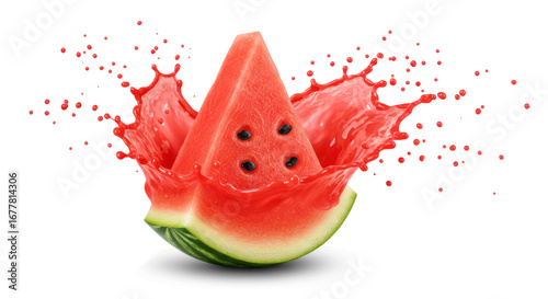 A fresh triangular slice of ripe watermelon with a vibrant red juice splash on a clean white background.