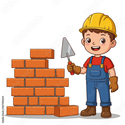 A cartoon illustration of a young boy builder constructing a brick wall with a trowel.