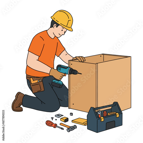 A man assembles a flat-pack piece of furniture using a cordless drill.