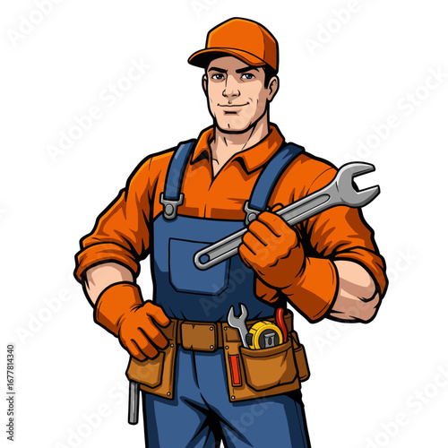 Cartoon illustration of a smiling male mechanic or handyman in overalls and cap, holding a wrench and wearing a tool belt, isolated on white.
