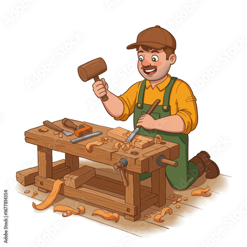 A male carpenter skillfully carving wood on a workbench.