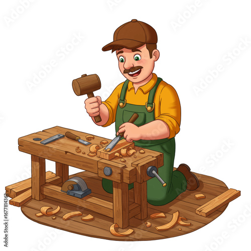 A smiling carpenter is carving wood with tools on a wooden workbench in a workshop.