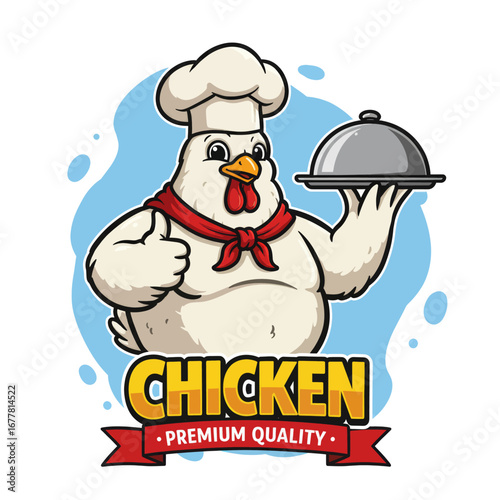 Cartoon chicken chef giving a thumbs-up and holding a food cloche, with 'Chicken Premium Quality' banner below.