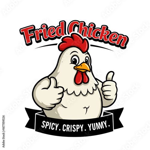 Cartoon fried chicken mascot logo with thumbs up.