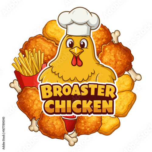 Cartoon illustration of Broaster Chicken with fried chicken, nuggets, and fries.