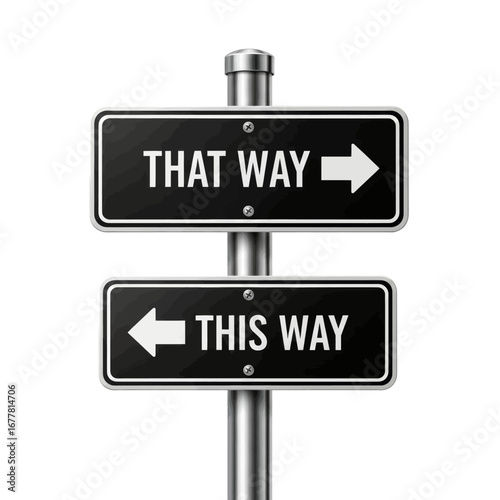A metal pole with two black directional signs, one pointing right saying 'THAT WAY' and the other pointing left saying 'THIS WAY', against a white background.