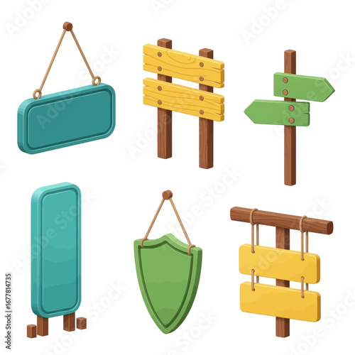 Collection of various hanging and standing signs,  wooden and blank, in different shapes and colors.