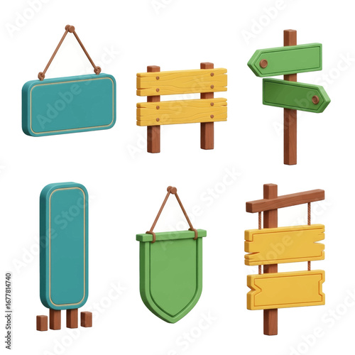 Collection of various 3D rendered wooden signs with different shapes and colors for guidance.