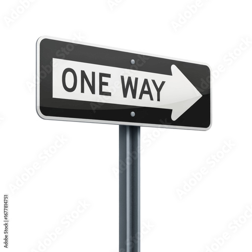 A black and white One Way sign with a right arrow, isolated on white background.