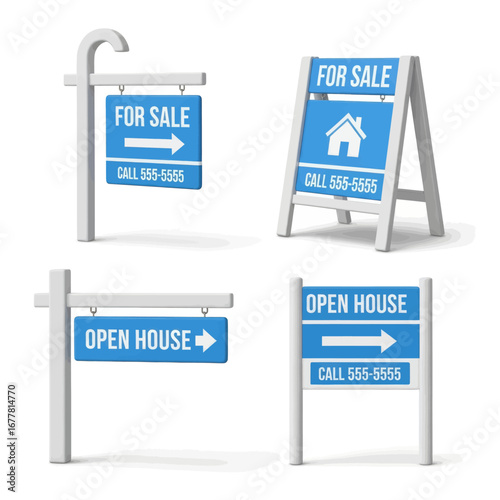 Four different real estate signs for sale and open house.
