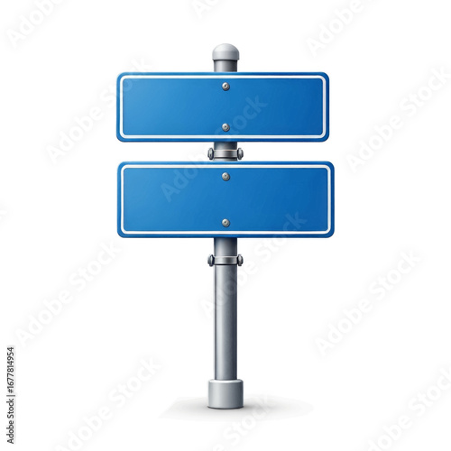 Blank blue double road sign on metal post.