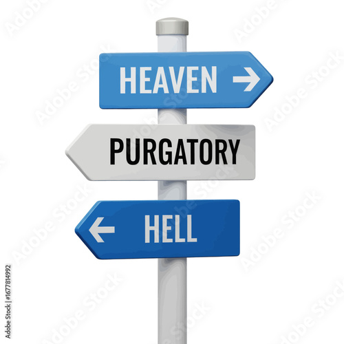 Signpost indicating directions to Heaven, Purgatory, and Hell, representing choices in life.