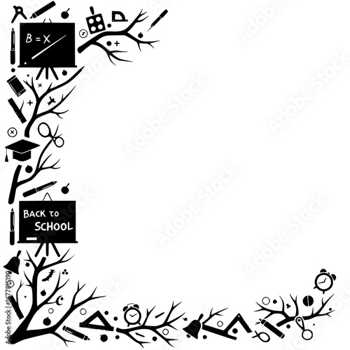 Back to school black and white themed frame with educational icons  