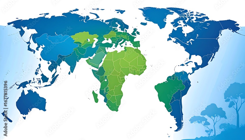 Fototapeta premium A world map displays countries colored by a graduated scale, highlighting geographical regions and illustrating varying characteristics.