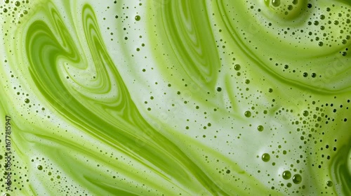 frothy matcha latte with its signature vibrant green color and delicate swirling foam patterns, a macro and full-frame texture shot, close-up texture, top view