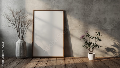 Minimalist interior scene with tall vertical frame and dried grasses illuminated by soft sunlight