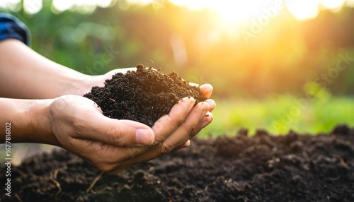 Hands holding fertile soil outdoors