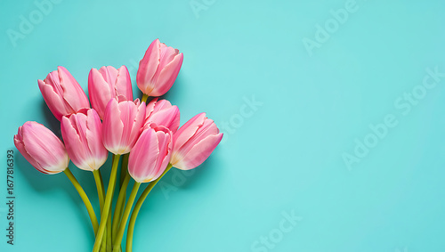 Beautiful pink tulips on a bright turquoise background