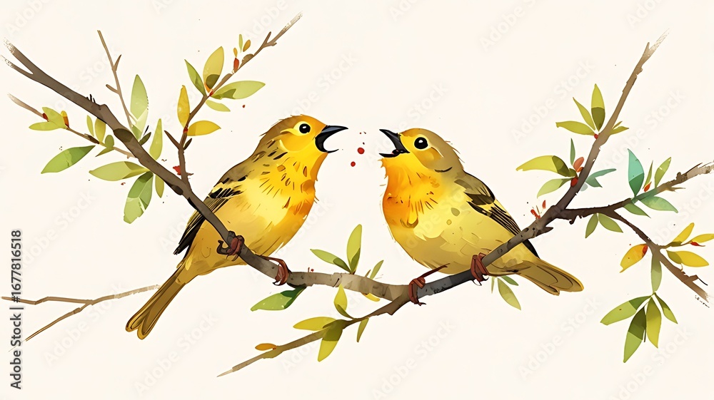 Obraz premium A lovely watercolor painting of two yellow birds with their beaks open, perched on a branch, interacting with each other.