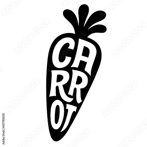 Typography art with the word "CARROT" in bold playful letters, black color on a transparent background, concept of food, nutrition, and vegetarian restaurants