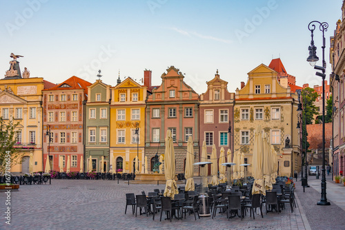 sunrise view of colourful houses at Stary Rynek square in Poznan