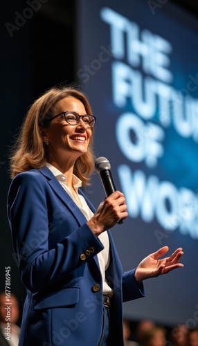 Confident woman speaking at a conference