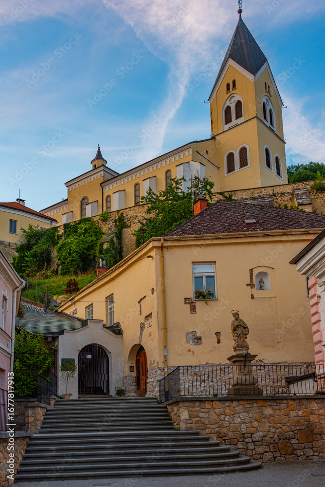 Obraz premium Sunset view of Church of the Nativity of the Virgin Mary in Tren