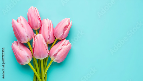 Elegant pink tulips on a soft blue background