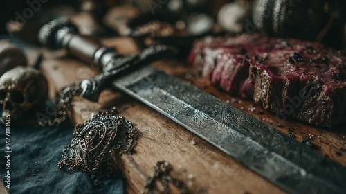 Sword and meat on wooden surface with skulls and foliage in background.