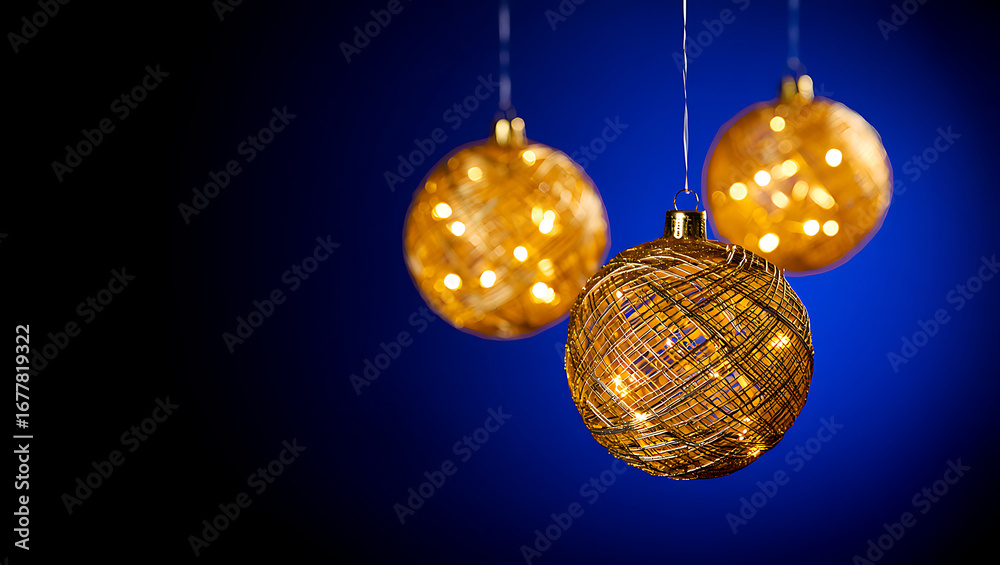 Fototapeta premium Festive Golden Christmas Ornaments Against Blue Background