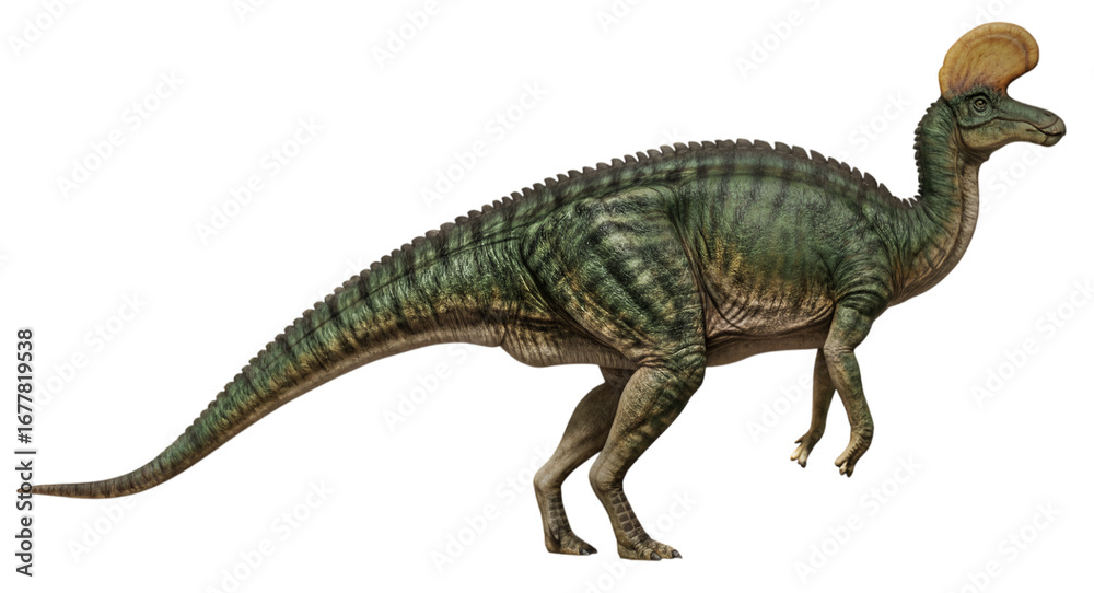 Fototapeta premium Lambeosaurus, a duck-billed dinosaur with a crest, in PNG with transparent background.