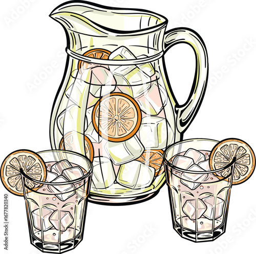 Lemonade Pitcher and Glasses with Ice Cubes and Citrus Slices