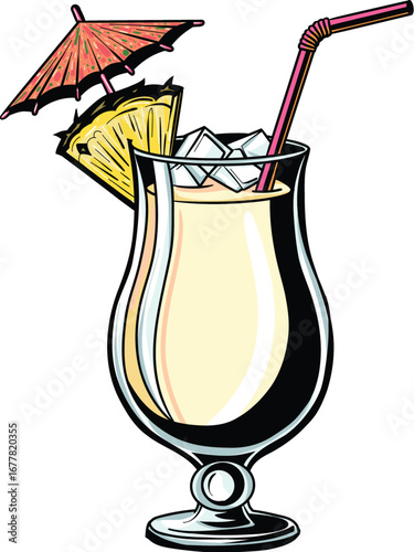 Tropical Piña Colada Cocktail with Pineapple Slice and Umbrella