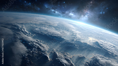 Fototapeta Naklejka Na Ścianę i Meble -  Blue planet lights celestial space, shows sunlit earth atmosphere and nebulae for video background, presentation.