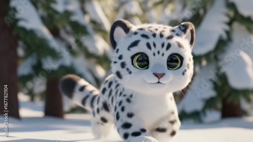 A fluffy, white snow leopard cub with brilliant blue eyes and spotted fur is a rare feline predator of the wild