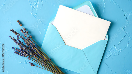 Open blue envelope with blank card and lavender