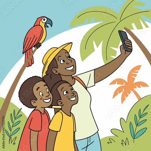 Family of four with parrot on shoulder taking selfie.
