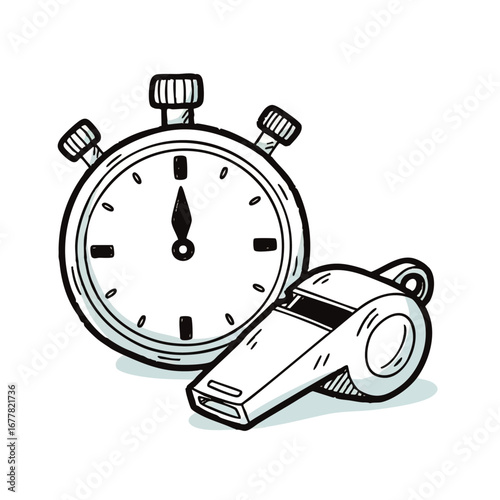 Hand Drawn Stopwatch and Whistle Sports Coaching Training Time Management Doodle Icon