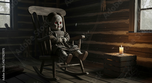 Creepy doll with red eyes in a rocking chair, lit by candlelight