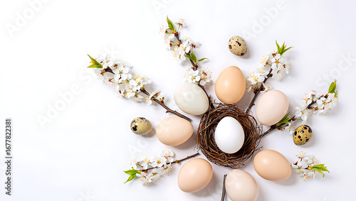 Spring Easter eggs in nest with blossom decoration