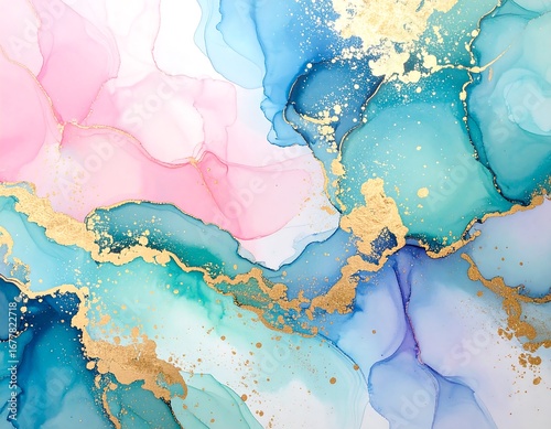 Abstract fluid art with pink, teal, and gold accents