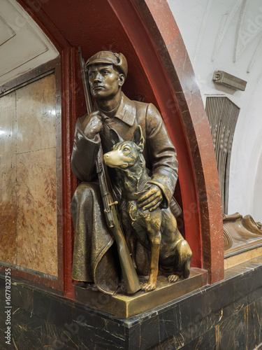Photography Historical Bronze Statue of Soldier and Dog at Moscow Metro Station