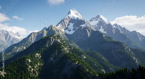 Scenic mountain landscape with snow-covered peaks and green forest.