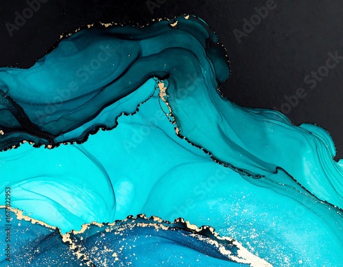 Abstract fluid art with teal and gold