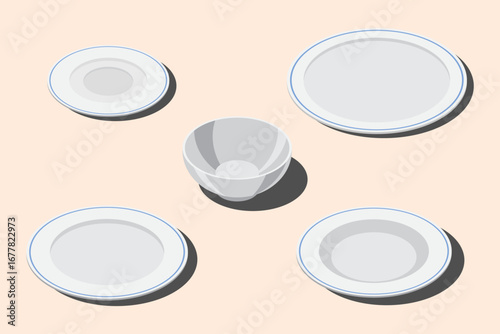 Isometric plate set. Empty plate set. Isometric cutlery. Isometric tableware set. Vector illustration